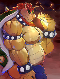anthro balls_outline beard biceps big_muscles big_pecs biped bracelet breasts bulge cloud collar dark deltoids detailed_bulge electricity facial_hair fire genital_outline hair horn huge_muscles huge_pecs jewelry lightning male musclegut muscular muscular_anthro muscular_male pecs power red_beard red_facial_hair shell side_boob side_eye_at_viewer side_view solo spiked_bracelet spiked_collar spiked_shell spikes spikes_(anatomy) standing storm sea_pupper mario_bros nintendo bowser koopa scalie absurd_res hi_res