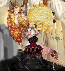 anthro antlers blush bodily_fluids boots brown_body brown_fur carrying_another carrying_partner clothed clothing detailed_background dress duo ears_down female footwear freckled_face freckles fur hair high_heeled_boots high_heels hooves horn light_body light_skin long_hair multicolored_hair orange_eyes orange_hair pivoted_ears shoes surprised sweat sweatdrop two_tone_hair white_hair aba_elmeobacon freya_agalith reina_redhoof animal_humanoid deer deer_humanoid faun humanoid mammal mammal_humanoid satyr absurd_res digital_media_(artwork) hi_res huge_filesize