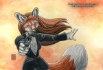 anthro black_nose black_tie_(suit) bow_(feature) bow_tie brown_body brown_fur brown_hair clothing cosplay costume dipstick_tail female fur gloves gun hair handwear holding_gun holding_object holding_ranged_weapon holding_weapon inner_ear_fluff looking_at_viewer markings pointing_gun_at_viewer ranged_weapon ribbons solo suit tail tail_markings text tuft weapon white_clothing white_gloves white_handwear kacey 007 canid canine fox mammal 2006 traditional_media_(artwork) url