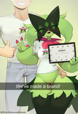 anthro band-aid band-aid_on_genitals band-aid_on_pussy bandage bottomwear breasts bulge clothed clothing denim denim_bottomwear denim_clothing duo erection erection_under_clothing eyes_closed female female_anthro fur gesture green_body green_fur hand_gesture jeans male male_human medium_breasts pants pokemorph pussy_tape shirt tape text topwear v_sign feliscede nintendo pokemon generation_9_pokemon human mammal meowscarada pokemon_(species) 2023 english_text hi_res url