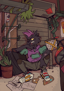 angry anthro basket bicycle biped black_body black_fur blood bodily_fluids bottomwear chain claws clothing container door fangs footwear fur hair hoodie jacket lock looking_at_viewer male mohawk palette pants paper plant plant_pot poster potted_plant purple_hair shoes sneakers solo sweat teeth topwear vehicle wounded zipper haps domestic_cat felid feline felis mammal 2019 digital_media_(artwork) hi_res signature