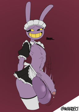anthro balls big_balls bodily_fluids clothing darkened_balls darkened_genitalia femboy foreskin genital_fluids genitals glans huge_balls humanoid_genitalia humanoid_penis hyper hyper_balls hyper_genitalia maid_headdress maid_uniform male penis pink_glans precum purple_balls purple_body purple_penis smile solo uniform waladeci glitch_productions the_amazing_digital_circus jax_(tadc) lagomorph leporid mammal rabbit absurd_res hi_res