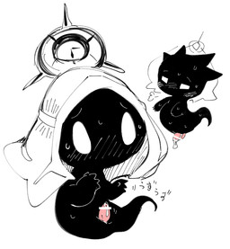 animal_genitalia black_body blush bodily_fluids censor_bar censored_genitalia censored_penis cum empty_eyes erection floating genital_fluids genital_slit genitals ghost_tail headgear ineffective_censorship leaking_cum leaking_penis male mouthless penis shota simple_background small_penis solo sweat tapering_penis white_background young doneru ghost shadow_creature spirit censored monochrome sketch