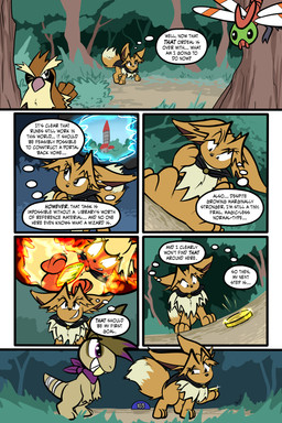 6_panel_comic ambiguous_gender bandage beak biped black_cape black_clothing black_eyes black_nose black_text branch brown_body brown_fur brown_hair building cape clenched_teeth clothing coin day dialogue ellipsis evolutionary_stone eyebrows eyelashes feathers feral fire_stone forest fur glowing group hair holding_coin holding_object imagination inner_monologue looking_at_another neck_tuft one_eye_closed open_mouth open_smile outside page_number paws plant pupils purple_eyes purple_scarf quadruped question_mark scarf sharp_teeth shrub smile speech_bubble standing tail tail_feathers teeth text thinking toony translucent translucent_hair tree tuft tusks white_sclera wings virmir nintendo pokemon pokemon_mystery_dungeon spike_chunsoft virmir_(character) zinc_(zincxiron) axew eevee eeveelution flareon generation_1_pokemon generation_2_pokemon generation_5_pokemon pidgey pokemon_(species) yanma 2025 2:3 absurd_res comic english_text hi_res male_(lore)