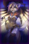 2017 5_fingers anthro blizzard_entertainment blonde_hair breasts canid canine clothed clothing cosplay digital_media_(artwork) eyelashes female fingers hair halloween hi_res holidays mammal mercy_(overwatch) nayel-ie overwatch smile solo