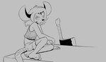 anthro bare_shoulders barefoot big_ears big_sword bottomwear clothing crop_top feet female pose shirt shorts simple_background sitting solo tongue tongue_out topwear robin_dassen waffleverse waffles_(waffleverse) mammal mouse murid murine rodent monochrome