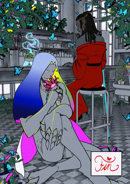 anthro bathrobe bathrobe_only blush bodily_fluids chair clothed clothing dreadlocks eating eating_flower erection eyes_closed flower furniture genital_fluids genitals looking_at_another looking_at_partner love magic magic_user magician not_furry nude nude_male penis plant pupils robe romantic romantic_couple slit_penis slit_pupils text tongue tongue_out wings helfyr nobodick on_the_tip_of_the_tongue stisefaris_(ottott) vep_(ottott) animal_humanoid arthropod arthropod_humanoid butterfly butterfly_humanoid elf human humanoid insect insect_humanoid lepidopteran lepidopteran_humanoid mammal mammal_humanoid colored comic end_page hi_res