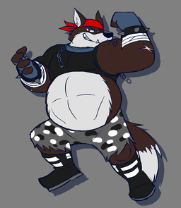 abs anthro arm_wrapping arm_wraps belly biceps big_belly black_boots black_clothing black_footwear black_shirt black_topwear black_wristband blue_clothing blue_eyes blue_fingerless_gloves blue_gloves blue_handwear boots bottomwear bracelet bring_it_on brown_body brown_fur camo camo_bottomwear camo_clothing camo_print camo_shorts chain challenge challenging clothing cocky cocky_grin combat_boots fangs fingerless_gloves fist flexing flexing_bicep flexing_both_biceps flexing_muscles footwear fur gloves green_bottomwear green_clothing green_shorts grey_background handwear jewelry kerchief male manly multicolored_body multicolored_fur musclegut muscular muscular_anthro muscular_male pattern_bottomwear pattern_clothing pattern_shorts red_clothing red_eyes red_kerchief shadow shirt shoes shorts showing_off_muscles simple_background solo spiked_bracelet spiked_wristband spikes tail teeth thick_arms topwear torn_clothing two_tone_body two_tone_fur white_body white_fur wraps wrestler glassesgator canid canine canis mammal wolf hi_res