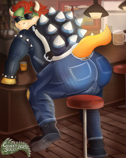 anthro biker bottomwear butt clothing eyebrows eyewear furniture hair horn male overweight pants red_hair shell solo spiked_shell spikes spikes_(anatomy) stool sunglasses mario_bros mario_kart_world nintendo bowser koopa scalie 2025 4:5 digital_media_(artwork) hi_res