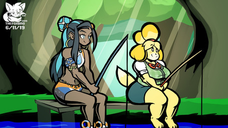 3_toes anthro barefoot black_hair blonde_hair blue_eyes blue_highlights blush blush_stickers bottomwear bow_(feature) bow_tie breasts clothing crop_top dark_body dark_skin dipstick_tail duo ear_piercing ear_ring eyelashes feet female fishing footwear forest fur gym_leader hair highlights_(coloring) jewelry long_hair markings midriff monotone_bottomwear monotone_clothing monotone_skirt multicolored_tail navel necklace piercing plant pool_float ring_piercing shirt shoes shorts sitting skirt slightly_chubby slim smile tail tail_markings tied_hair toes topwear tree vest yellow_body yellow_fur thefoxsista animal_crossing nintendo pokemon isabelle_(animal_crossing) nessa_(pokemon) canid canine canis domestic_dog human mammal shih_tzu toy_dog 16:9 crossover widescreen