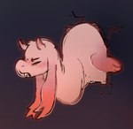ambiguous_gender cracks cute_fangs debris eyebrows eyes_closed fangs frown fur head_tuft horn long_ears long_neck paws pink_body pink_fur simple_background solo struggling stuck teeth through_wall tuft wince truemew unknown_species 2025 digital_media_(artwork)
