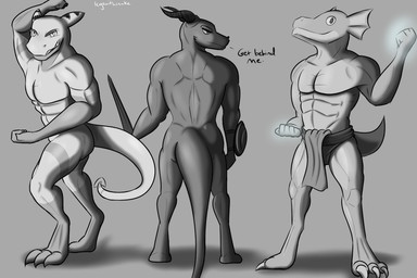 anthro bottomwear butt clothed clothing feet fist flexing group horn loincloth loincloth_only male melee_weapon muscular muscular_anthro muscular_male nude pose shield sword tail talons tasteful_nudity toes topless trio weapon legswithsnake mythology dovak demon dragon lizard lizardman mythological_creature mythological_scalie reptile scalie 3:2