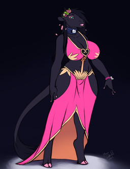 3_fingers accessory big_breasts black_background black_body black_fur black_hair black_horn breasts cleavage clothed clothing cutout dress female fingers flower flower_in_hair fur green_eyes hair hair_accessory hooves horn pink_hooves plant simple_background solo standing tail tail_tuft tuft year revadiehard blizzard_entertainment warcraft reva bovid bovine mammal tauren 2019 hi_res signature