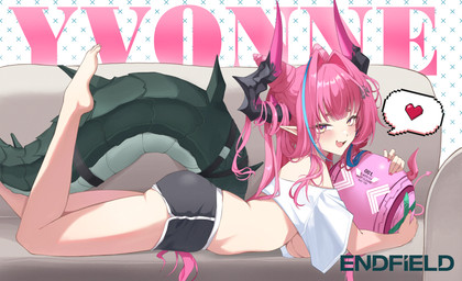 bare_shoulders bent_leg big_breasts blush bottomwear breasts clothing colored_nails crop_top cute_fangs dolphin_shorts fangs feet female furniture glistening glistening_hair hair heart_symbol highlights_(coloring) horn long_hair looking_at_viewer lying machine nails no_shoes not_furry on_front open_mouth pink_hair pink_nails pointy_ears prick_ears shirt shorts sofa speech_bubble tail_scales teeth topwear under_boob white_clothing white_crop_top white_topwear akuku arknights arknights_endfield hypergryph mythology studio_montagne yvonne_(arknights) animal_humanoid dragon dragon_humanoid horned_humanoid humanoid mythological_creature mythological_scalie robot scalie absurd_res hi_res