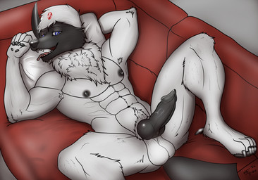animal_genitalia animal_penis anthro balls canine_genitalia canine_penis erection furniture genitals knot knotted_penis male muscular nipples nude penis pillow presenting presenting_penis saggy_balls sofa solo cj_fauxx~ nintendo pokemon absol generation_3_pokemon pokemon_(species) hi_res