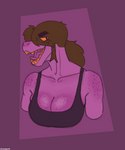 anthro big_breasts breasts brown_hair cleavage clothed clothing collarbone female freckles hair looking_aside non-mammal_breasts open_mouth orange_eyes purple_body purple_scales scales shirt simple_background smile solo tank_top teeth tongue topwear translucent translucent_hair vaalgarth deltarune mythology undertale_(series) susie_(deltarune) dragon humanoid mythological_creature mythological_scalie reptile scalie 2021 5:6 absurd_res bust_portrait colored digital_drawing_(artwork) digital_media_(artwork) hi_res portrait