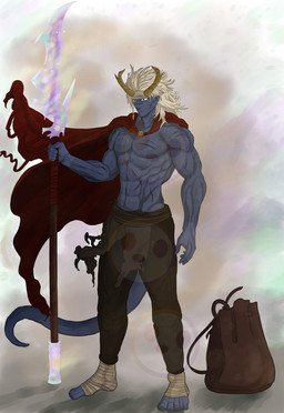 2_horns 5_fingers 5_toes abs accessory arms_bent bag bandage bandaged_foot blue_body blue_skin blue_tail bottomwear brown_bottomwear brown_clothing brown_horn brown_pants brown_sash cape chest_scar clothed clothed_humanoid clothed_male clothing colorful_background facial_scar featureless_chest feet fingers grey_headband hair headband holding_melee_weapon holding_object holding_polearm holding_spear holding_weapon horn humanoid_feet light logo long_hair long_tail male melee_weapon mouth_closed muscular muscular_arms muscular_humanoid muscular_male not_furry pants pecs plantigrade polearm red_cape red_clothing right-handed scar shirtless_humanoid shirtless_male shoulder_scar solo spear standing tail toes weapon white_hair elcastorblanco dungeons_and_dragons hasbro wizards_of_the_coast saffron_(elcastorblanco) horned_humanoid humanoid tailed_humanoid tiefling 2023 artist_logo colored digital_drawing_(artwork) digital_media_(artwork) english_description full-length_portrait hi_res lighting portrait shaded