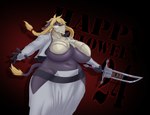 abstract_background anthro armor asian_clothing belly big_breasts blonde_hair bone braided_hair breasts brown_eyes clothing east_asian_clothing female floppy_ears hair holidays horn huge_breasts jacket japanese_clothing looking_at_viewer mask melee_weapon navel pose purple_body solo sword tail teeth_showing topwear waist_accessory weapon blarf bleach_(series) halloween lakota_(blarf) tia_halibel arrancar bovid bovine cattle humanoid mammal zanpakuto absurd_res hi_res