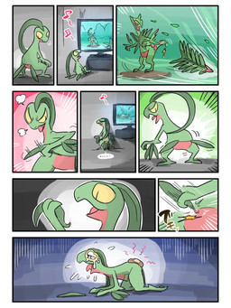 ambiguous_gender anthro butt detachable_tail duo green_body leaf leaf_hair leaf_tail monobutt multicolored_body plant plant_hair pseudo_hair red_body self-harm semi-anthro tail two_tone_body yellow_sclera ys419 nintendo pokemon generation_3_pokemon grovyle pokemon_(species) sceptile 3:4 comic hi_res