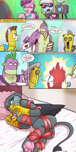 aged_up anthro armor bed bedroom_eyes blush book bound camera exclamation_point eyewear female feral furniture gift_wrapped heart_symbol horn letter male narrowed_eyes pawpads pose ribbons seductive sunglasses text wings saturdaymorningproj friendship_is_magic hasbro my_little_pony mythology gabby_(mlp) photo_finish_(mlp) royal_guard_(mlp) spike_(mlp) sugar_belle_(mlp) avian dragon equid equine gryphon horse mammal mythological_avian mythological_creature mythological_equine mythological_scalie pony scalie unicorn absurd_res comic english_text hi_res
