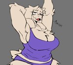 anthro big_breasts breasts cleavage clothed clothing female fur grey_background half-closed_eyes hands_behind_head horn huge_breasts narrowed_eyes open_mouth panties purple_clothing purple_panties purple_shirt purple_tank_top purple_topwear purple_underwear raised_arms red_eyes scut_tail shirt short_tail simple_background solo stretching tail tank_top text tongue topwear underwear waking_up white_body white_fur aaaaaron122 undertale_(series) toriel boss_monster_(undertale) bovid caprine goat mammal 2025 absurd_res digital_drawing_(artwork) digital_media_(artwork) english_text flat_colors hi_res