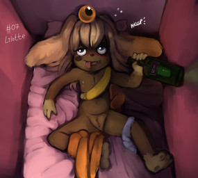 alcohol anthro bed beverage big_ears blush bottle brown_body brown_fur clitoris clothed clothing clothing_around_one_leg container detailed_background drunk female flat_chested fur furniture genitals hiccuping looking_at_viewer lying nipples nude on_back panties panties_around_one_leg panties_down partially_clothed pillow presenting presenting_vulva solo spread_legs spreading substance_intoxication tongue tongue_out underwear underwear_around_one_leg underwear_down undressing vulva wine young young_anthro law_bun ankama dofus dofus:_book_i_judith dofus:_kerub's_bazaar lilotte canid canine canis domestic_dog mammal ouginak
