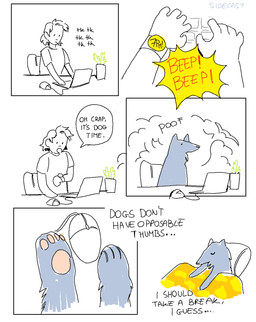 anthro bed bedding blanket clock computer computer_mouse dialogue electronics feral furniture male poof poof_transformation solo text transformation watch sidecast canid canine canis domestic_dog human mammal comic english_text hi_res