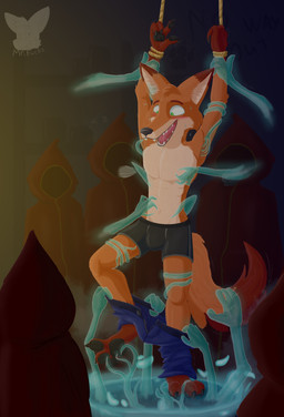 3_toes 4_fingers anthro assisted_exposure athletic athletic_male bdsm black_clothing black_nose black_pawpads black_underwear blue_bottomwear blue_clothing blue_pants bondage bottomwear bottomwear_down bound brown_body brown_fur brown_tail_tip bulge claws clothed clothing dipstick_tail eyebrows featureless_chest feet finger_claws fingers fluffy fluffy_tail fur fur_tuft green_eyes group head_tuft laugh male markings multicolored_body multicolored_fur open_mouth open_smile orange_body orange_fur pants pants_down pantsing partially_clothed pawpads paws raised_arms red_clothing red_robe restraints robe rope rope_bondage smile snout submissive submissive_anthro submissive_male tail tail_markings teeth tickle_fetish tickle_torture tickling tickling_armpits tickling_belly tickling_feet toe_claws toes tongue tuft underwear white_body white_fur white_inner_ear misterfuchs disney zootopia nick_wilde canid canine fox ghost mammal spirit hi_res