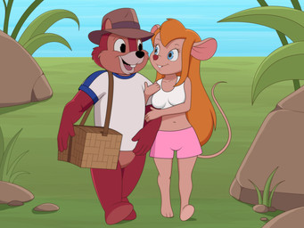anthro black_nose blonde_hair blue_eyes bottomwear breasts brown_body brown_fur clothing duo eye_contact female fur hair hat headgear headwear looking_at_another male male/female midriff navel outside pink_nose shirt shorts tail tan_body tan_fur tank_top topwear sfan chip_'n_dale_rescue_rangers disney chip_(disney) gadget_hackwrench chipmunk ground_squirrel mammal mouse murid murine rodent sciurid 4:3 story story_at_source story_in_description
