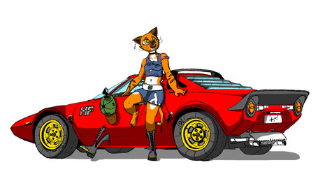 anthro boots bottomwear bra car clothed clothing countershade_torso countershading female footwear fur hat headgear headwear navel orange_body orange_fur shirt shoes simple_background skirt smile solo tail tank_top teeth topwear underwear vehicle juuroku_daz dr._martens lancia_stratos domestic_cat felid feline felis mammal 16:9 2025 cel_shading dated digital_drawing_(artwork) digital_media_(artwork) hi_res shaded widescreen