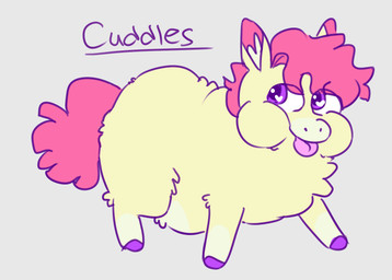 ambiguous_feral ambiguous_gender feral fur grey_background hair hooves inner_ear_fluff looking_back overweight overweight_ambiguous overweight_feral pink_hair pink_inner_ear pink_tail pink_tongue puffed_cheeks purple_eyes purple_hooves side_view simple_background solo tail text tongue tongue_out tuft yellow_body yellow_fur young young_ambiguous young_feral alpama fluffy_pony cuddles_(alpama) fluffy_pony_(species) mammal 2023 character_name digital_media_(artwork) flat_colors hi_res
