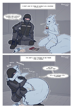 anthro armor blue_eyes bodily_fluids boots bottle bulletproof_vest clothed clothing container crying cutlery dialogue duo food footwear fully_clothed gloves handwear headgear helmet hug kitchen_utensils male male/male nude onomatopoeia ribs scar shaking shoes sitting sound_effects spoon tears text tools topwear two_panel_image vest warjenkins casualties:_unknown gunsawian humanoid milky_(gunsawian) 2026 absurd_res colored digital_media_(artwork) english_text hi_res signature