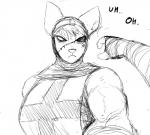 anthro big_breasts black_and_white breasts cat_knight clothed clothing dialogue donk_sis_(hladilnik) duo english_text felid feline female hi_res hladilnik mammal mask monochrome terror text wrestling wrestling_match