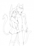 anthro blush clothed clothing crossdressing cuddling duo eyes_closed femboy hair male tail arkaid the_neon_children acchan_(arkaid) minoru domestic_cat felid feline felis hybrid lagomorph leporid mammal rabbit black_and_white monochrome