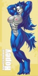 abs anthro biceps big_breasts blue_body blue_fur blue_hair breasts female fur hair muscular muscular_anthro muscular_female nipples solo standing tail bokuman hopey canid canine canis mammal wolf