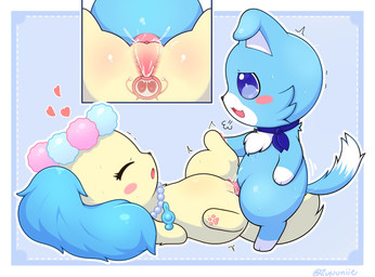 blue_body blue_eyes blue_fur blush blush_stickers bodily_fluids cervical_contact cheek_tuft cum cum_in_uterus cum_in_vagina cum_inside duo ejaculation eyes_closed facial_tuft fallopian_tubes feet female female_feral female_penetrated feral feral_on_feral feral_penetrated feral_penetrating feral_penetrating_feral floppy_ears fluffy_ears fur fur_tuft genital_fluids half-closed_eyes heart_symbol hearts_around_head hindpaw internal internal_vaginal intraspecies jewelry leg_markings lying male male/female male_feral male_penetrating male_penetrating_female markings multicolored_body multicolored_fur narrowed_eyes necklace on_back on_hind_legs pawpads paws penetration quadruped sex sex_shot side_view socks_(marking) table_lotus_position tuft two_tone_body two_tone_fur uterus vaginal_canal white_body white_fur yellow_body yellow_fur zyuuniie jewelpet sanrio sega sega_fave sapphie_(jewelpet) canid canine mammal 2026 cel_shading digital_drawing_(artwork) digital_media_(artwork) hi_res shaded