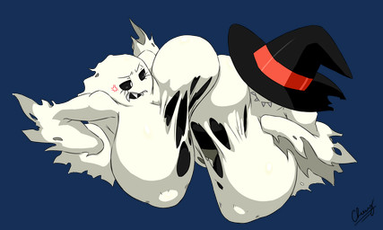 angry black_body black_sclera breasts cleavage clothed clothing duo female female/female hat headgear headwear nipple_outline not_furry pupils sharp_teeth simple_background smile teeth torn_clothing transparent_background white_body white_pupils witch_hat cheese_cake bandai_namco digimon bakemon digimon_(species) ghost soulmon spirit 5:3 alpha_channel
