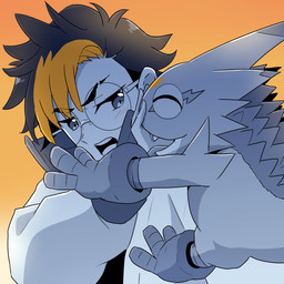 anthro blush clothing duo eyewear glasses gloves hair handwear male multicolored_hair smile sunset tsundere hase_popopo bandai_namco digimon digimon_beatbreak tomoro_tenma digimon_(species) gekkomon human mammal 1:1 absurd_res hi_res