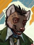 abstract_background anthro biped black_hair brown_body brown_eyes brown_fur clothing eye_bags fur grin hair male necktie red_nose shirt smile solo topwear white_body white_fur wwredgrave disco_elysium harrier_du_bois hyena mammal 2022 absurd_res digital_media_(artwork) hi_res