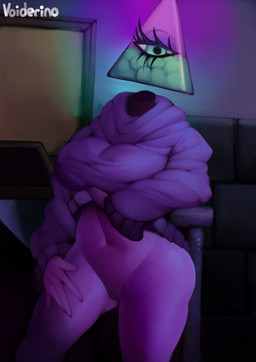 1_eye 5_fingers big_breasts bottomless bottomless_female bottomless_humanoid breasts clothed clothed_female clothed_humanoid clothing clothing_lift detailed_background eyelashes female female_humanoid fingers floating_head for_a_head genitals green_eyes half-closed_eyes hand_on_leg hand_on_own_leg hand_on_own_thigh hand_on_thigh innie_vulva looking_at_viewer narrowed_eyes navel not_furry purple_body purple_clothing purple_skin purple_sweater purple_topwear small_waist solo sweater sweater_lift sweater_only text thick_thighs topwear topwear_only vulva wide_hips youtuber voider_(artist) iilluminaughtii humanoid object_head shape_head 2024 artist_name digital_media_(artwork) hi_res