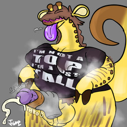 anthro arm_hair balls blush blush_lines bodily_fluids body_hair bottomless clothed clothing cum disembodied_hand duo fingers foreskin genital_fluids genital_raphe genitals gynomorph hair hair_over_eye handjob hooved_fingers hooves horn intersex leg_hair lizard_tail long_tongue masturbation musk musk_cloud orgasm ossicone penile penile_masturbation penis pubes raphe_(anatomy) retracted_foreskin scrotal_raphe sex shirt shirt_only solo_focus standing submissive submissive_gynomorph submissive_intersex tongue tongue_out topwear topwear_only ishitmypants pengu_(ishitmypants) giraffe giraffid mammal 1:1