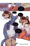 blue_eyes cigarette clothing dialogue eye_scar eyewear facial_scar glasses male outside purple_eyes scar smoking text bastriw martin_(bastriw) pato_(bastriw) domestic_cat felid feline felis mammal pantherine tiger comic hi_res