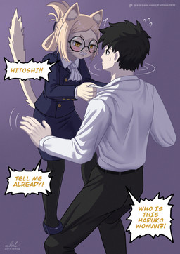 anthro black_hair blonde_hair clothing eyewear female female_anthro fur glasses hair hair_bun larger_male legwear male male/female male_human office_clothing office_lady shirt_grab size_difference speech_bubble text tights upset wearing_glasses white_body white_skin yellow_body yellow_eyes yellow_fur call_me_ink hitoner hitoshi_kanashima miss_tonerico felid feline human mammal absurd_res english_text hi_res