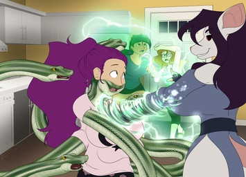 3d_background 4_breasts anthro big_breasts black_hair black_sclera breasts door female green_hair hair inside kitchen magic mid_transformation multi_arm multi_breast multi_limb open_mouth purple_hair red_eyes smile snake_arms species_transformation supernumerary_breasts surprised tail transformation halcy0n bridget_(cz) calleigh_(cz) makko_(halcy0n) stacie_(cz) human mammal reptile rodent scalie snake 2024 3d_(artwork) absurd_res digital_media_(artwork) hi_res mixed_media story story_in_description