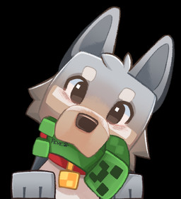 ambiguous_gender black_background blocky blocky_body blocky_snout blush blush_lines brown_nose cheek_tuft collar collar_only daww ears_up facial_tuft feral front_view fur grey_body grey_fur head_tilt head_tuft holding_object holding_plushie looking_at_viewer nude paws plushie plushie_in_mouth simple_background snout solo text tuft feve microsoft minecraft mojang xbox_game_studios canid canine canis creeper_(minecraft) mammal pale_wolf_(minecraft) wolf wolf_(minecraft) 2025 artist_name bust_portrait digital_media_(artwork) portrait