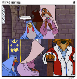anthro banner beak brooch closed_door clothing crown dialogue door ears_flat etiquette eyes_closed female group guard guard_position headdress headgear inside insignia kneeling male regalia robe sitting smile smug smug_expression smug_face smug_grin smug_pred standing stone_wall text torch wall_(structure) window wood wood_door sir_paulus disney robin_hood_(disney) lady_kluck maid_marian prince_john avian bird canid canine canis chicken felid feline fox galliform lion mammal pantherine phasianid wolf comic english_text hi_res