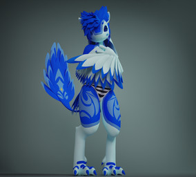 anthro blue_body clothing feathers male panties pose shy simple_background solo standing underwear locoroo kyrie_(jukkavali) avali avian 3d_(artwork) blender_(artwork) digital_media_(artwork) hi_res