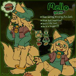 anklet anthro beanie big_feet big_tail burger clothing collar dialogue facial_markings feet fluffy fluffy_tail food fur green_eyes hat head_markings headgear headwear jacket jewelry long_tail looking_at_viewer male markings open_mouth pawpads paws pupils sitting solo tail text thought_bubble tongue tongue_out tools topwear walking yellow_body yellow_fur marpystar mello_(marpystar) canid canine canis mammal wolf 1:1 english_text hi_res model_sheet