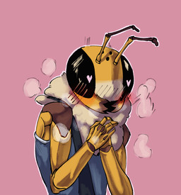antennae_(anatomy) anthro black_eyes blush blush_lines breath clasped_hands clothing compound_eyes exoskeleton female heart_eyes heart_symbol mandibles neck_tuft ocellis panting pink_background simple_background solo tuft yellow_body sun_bug bee_girl_(sun_bug) arthropod bee hymenopteran insect hi_res