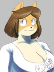 anthro big_breasts blue_eyes breasts brown_hair cleavage closed_smile clothed clothing eyebrow_through_hair eyebrows female fur grey_background hair huge_breasts mouth_closed shirt simple_background smile solo t-shirt tan_body tan_fur text text_on_t-shirt topwear translucent translucent_hair white_clothing white_shirt white_t-shirt white_topwear toonarscontent june_(jinu) canid canine canis domestic_dog mammal shiba_inu spitz 2020 bust_portrait digital_drawing_(artwork) digital_media_(artwork) english_description english_text portrait